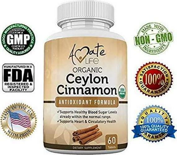 Ceylon Cinnamon USDA Organic Certified 1000mg Antioxidant Neuro-Protective Nutritional Supplement Cardiovascular Natural Non-GMO Cholesterol Glucose Control for Men and Women 60 Tablets by Amate Life