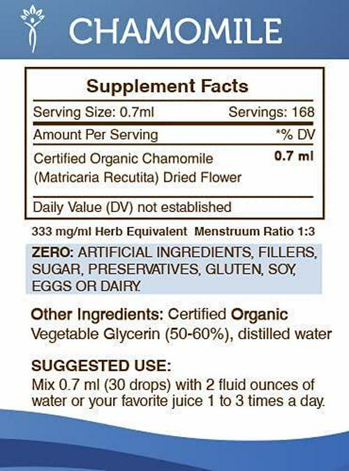 Chamomile Alcohol-Free Liquid Extract, Organic Chamomile (Matricaria Recutita) Dried Flower Tincture Supplement (4 FL OZ)