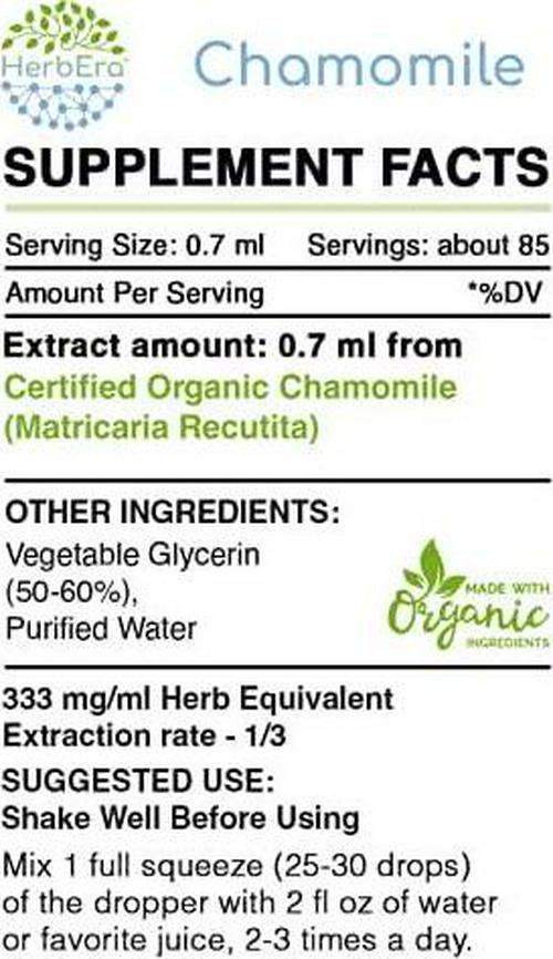Chamomile B60 Alcohol-Free Herbal Extract Tincture, Organic Chamomile (Matricaria Recutita) Dried Flower (2 fl oz)