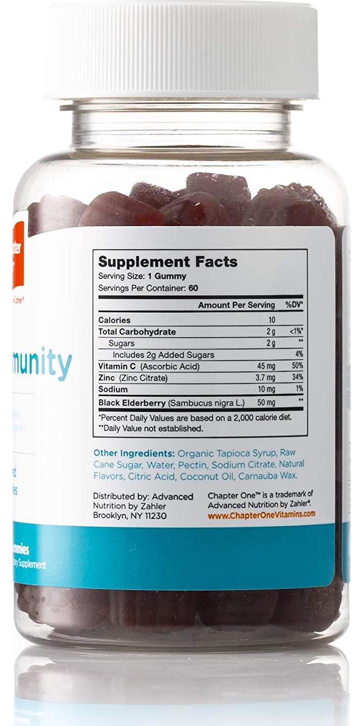 Chapter One Immune Support Gummies, Elderberry, Zinc and Vitamin C, Certified Kosher, 60 Flavored Gummies