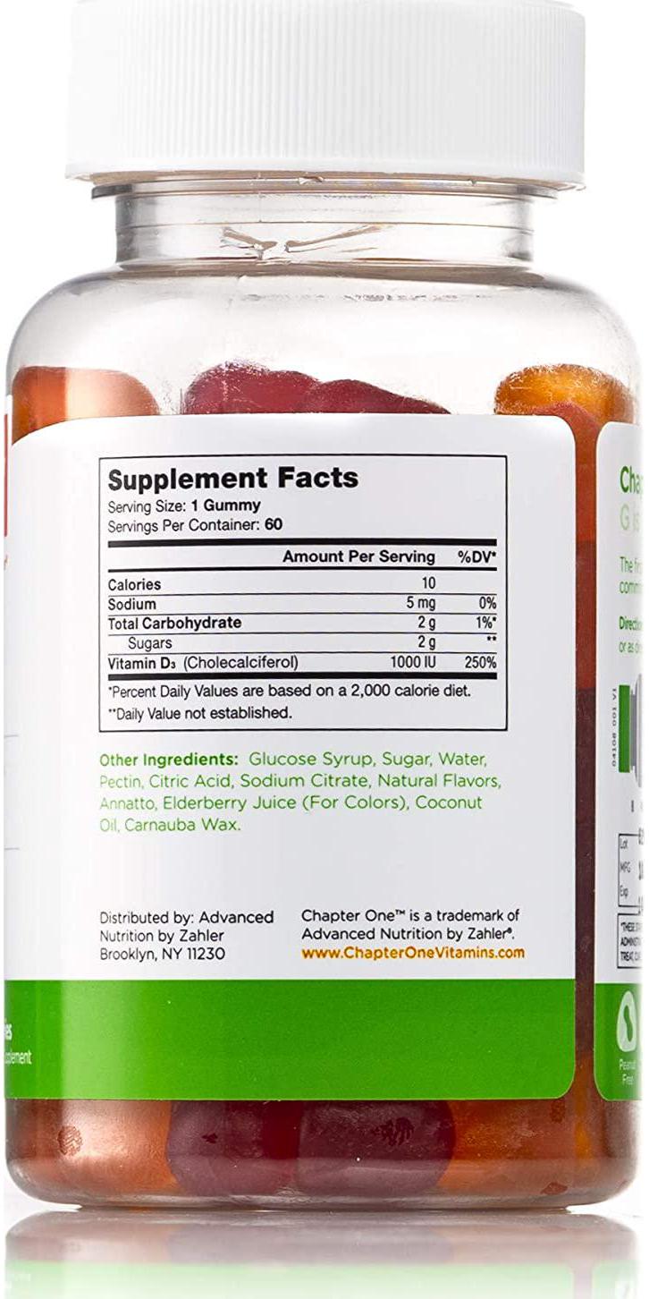 Chapter One Vitamin D3 Gummies 1000IU, Suports Healthy Bones, Muscles and Immunity, Certified Kosher, 60 Flavored Gummies
