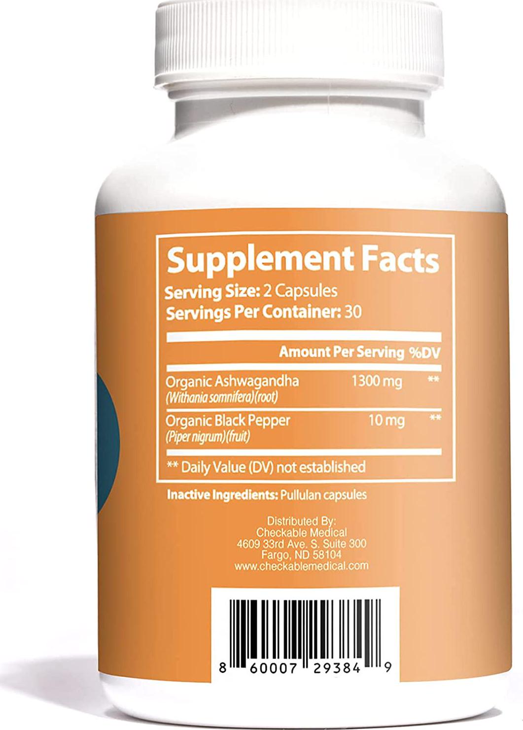 Checkable Medical Ashwagandha Supplements - Naturally Supports Improvement for Mood, Immune Health, Memory, and Focus - 1310 mg of Organic Ashwagandha and Black Pepper