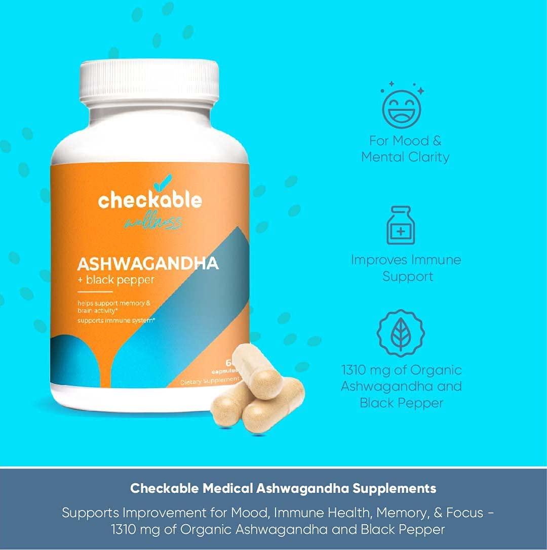 Checkable Medical Ashwagandha Supplements - Naturally Supports Improvement for Mood, Immune Health, Memory, and Focus - 1310 mg of Organic Ashwagandha and Black Pepper