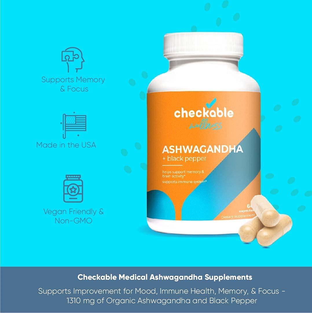 Checkable Medical Ashwagandha Supplements - Naturally Supports Improvement for Mood, Immune Health, Memory, and Focus - 1310 mg of Organic Ashwagandha and Black Pepper