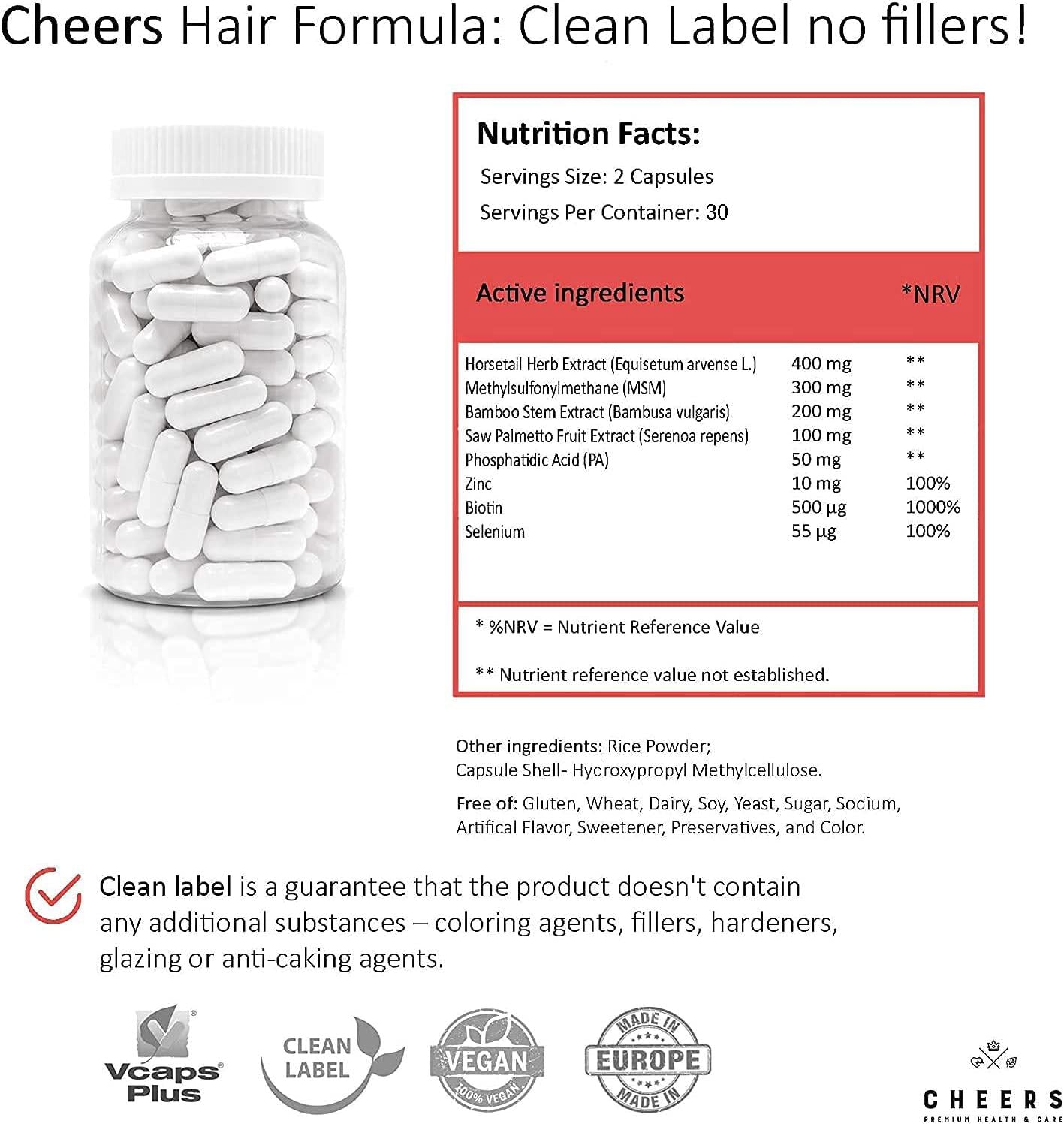 Cheers Hair, Skin and Nails Mineral Complex, 60 Vegan Capsules for Hair Growth and Strengthening, High Dose 795 mg with Phosphatidic Acid and Plant Extracts