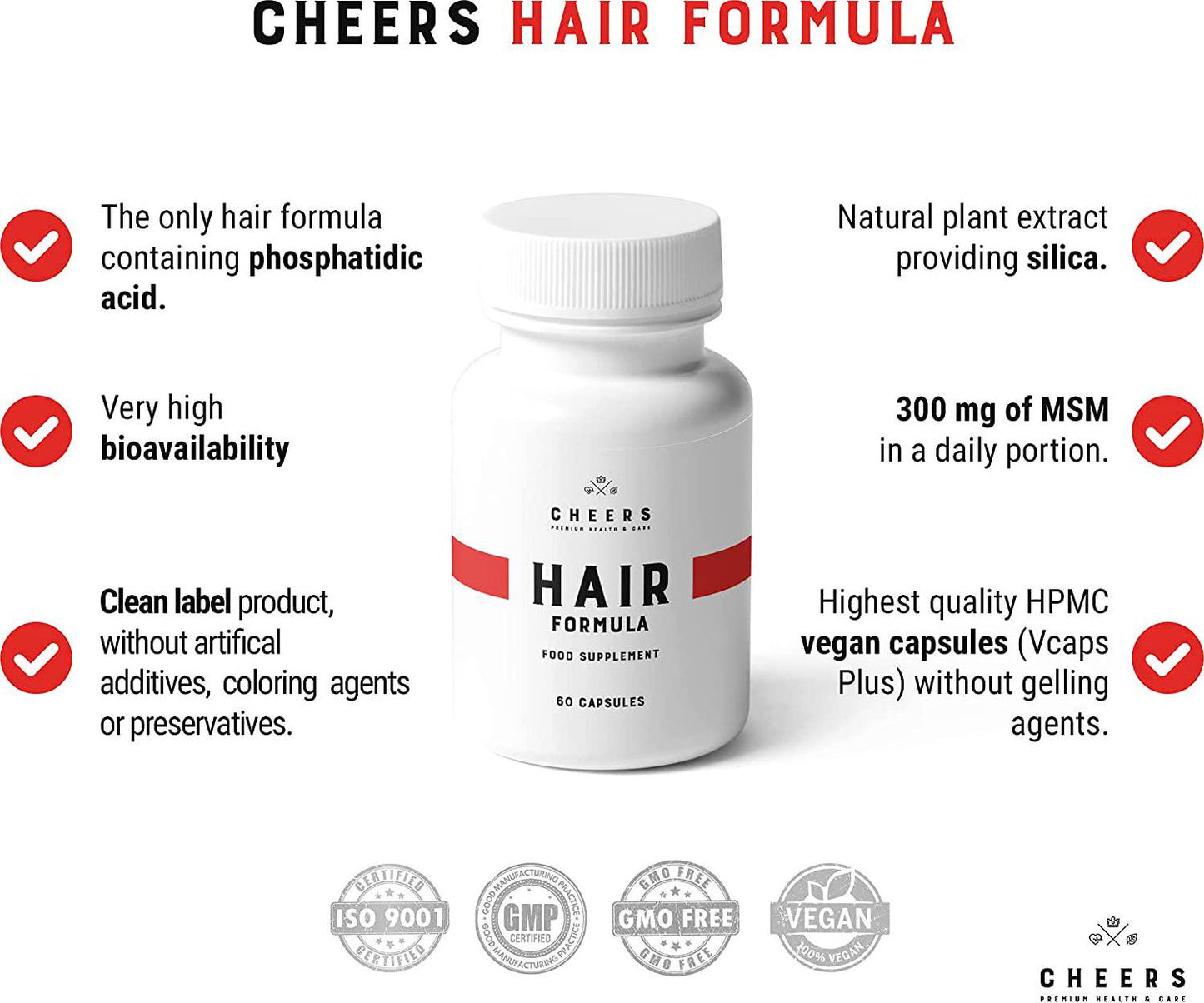 Cheers Hair, Skin and Nails Mineral Complex, 60 Vegan Capsules for Hair Growth and Strengthening, High Dose 795 mg with Phosphatidic Acid and Plant Extracts