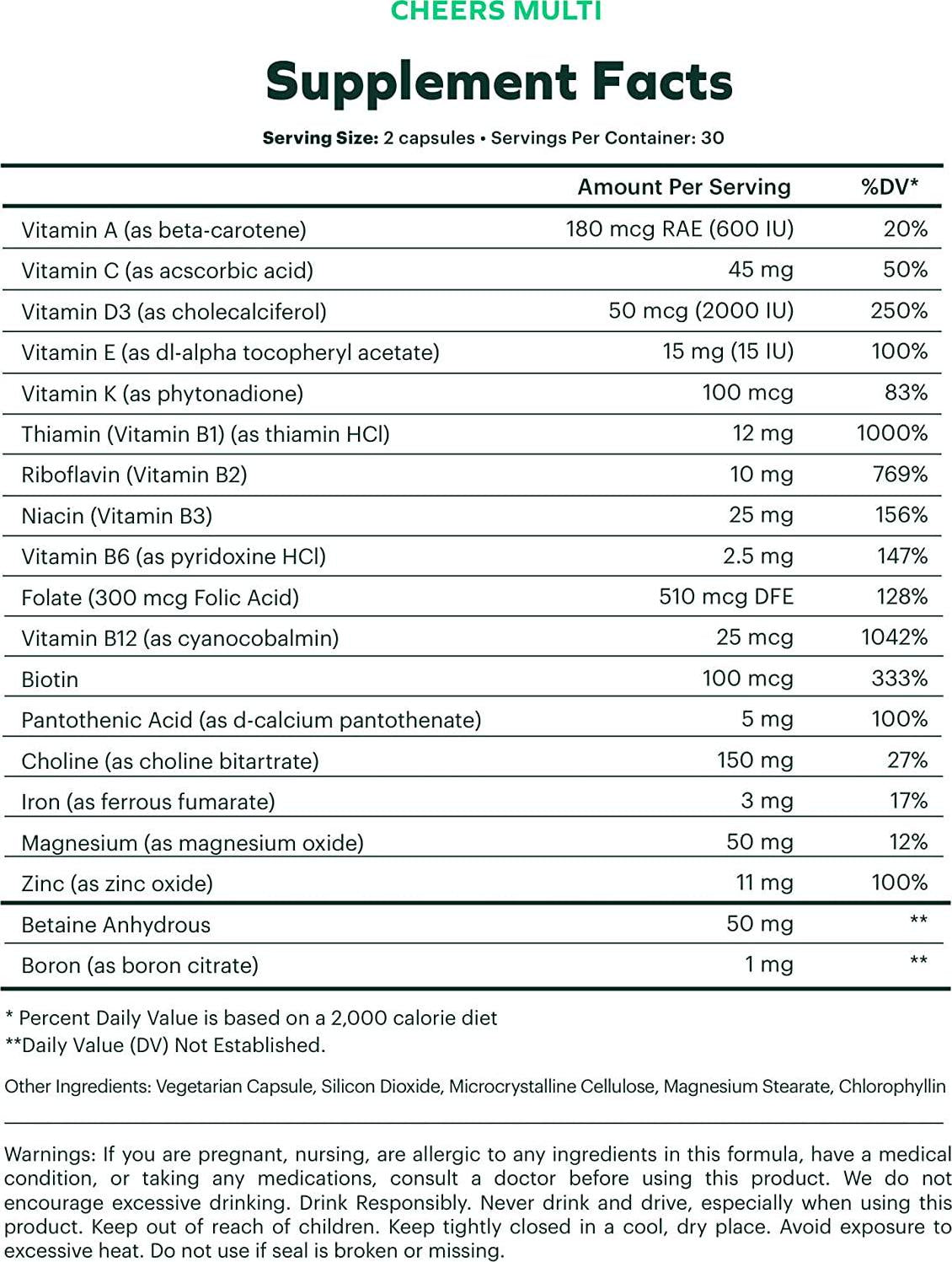 Cheers Multi | Daily Multivitamin for Drinkers | 30 Doses | Betaine, Niacin, Choline Additional Drinkers Care for Replenishing Vitamins and Supporting Overall Health (1)