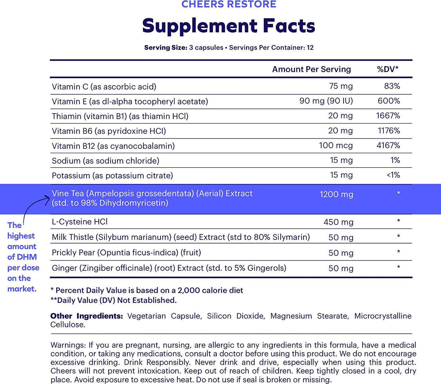Cheers Restore Dihydromyricetin (DHM) Supplement - Reduces GABAa Rebound, Supports The Liver, Increases Acetaldehyde Metabolism. Feel Great After Drinking. (12 Doses)