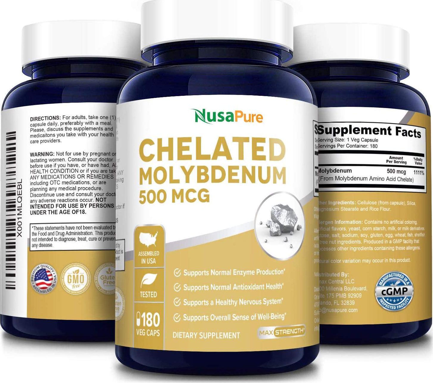 Chelated Molybdenum 500 mcg 180 Vegetarian Caps (Gluten Free and Non-GMO) Supports Detoxification, Enzymes, Nerves, and Sense of Well-Being