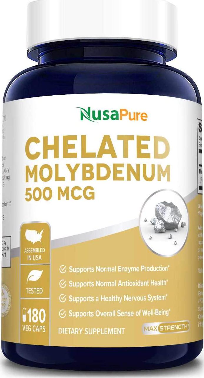Chelated Molybdenum 500 mcg 180 Vegetarian Caps (Gluten Free and Non-GMO) Supports Detoxification, Enzymes, Nerves, and Sense of Well-Being