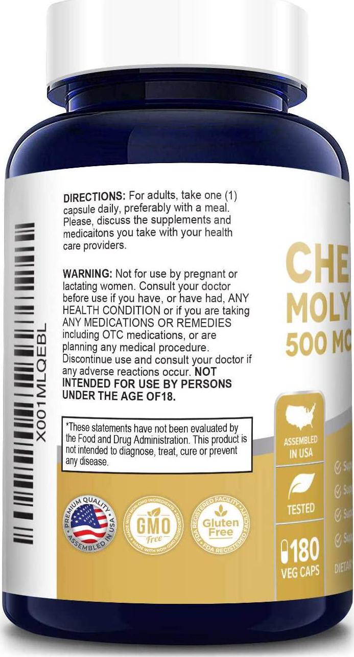 Chelated Molybdenum 500 mcg 180 Vegetarian Caps (Gluten Free and Non-GMO) Supports Detoxification, Enzymes, Nerves, and Sense of Well-Being
