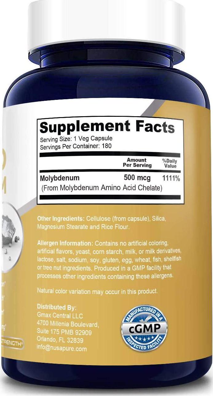 Chelated Molybdenum 500 mcg 180 Vegetarian Caps (Gluten Free and Non-GMO) Supports Detoxification, Enzymes, Nerves, and Sense of Well-Being
