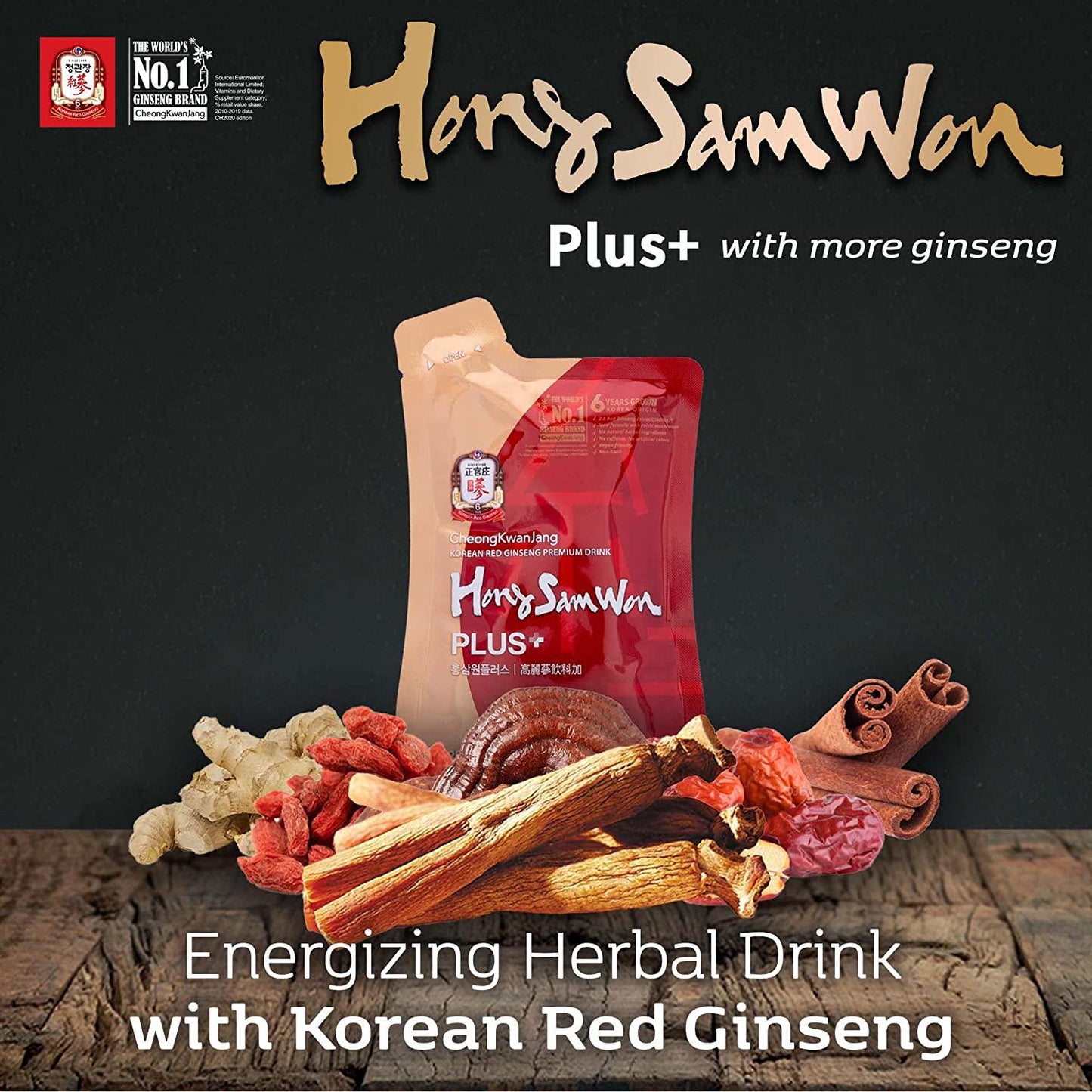 CheongKwanJang [Hong Sam Won Plus - Korean Ginseng Drink] Korean Red Panax Ginseng Extract Drink - Increase Productivity, Improve Blood Circulation and Brain Function - 30 Pouches