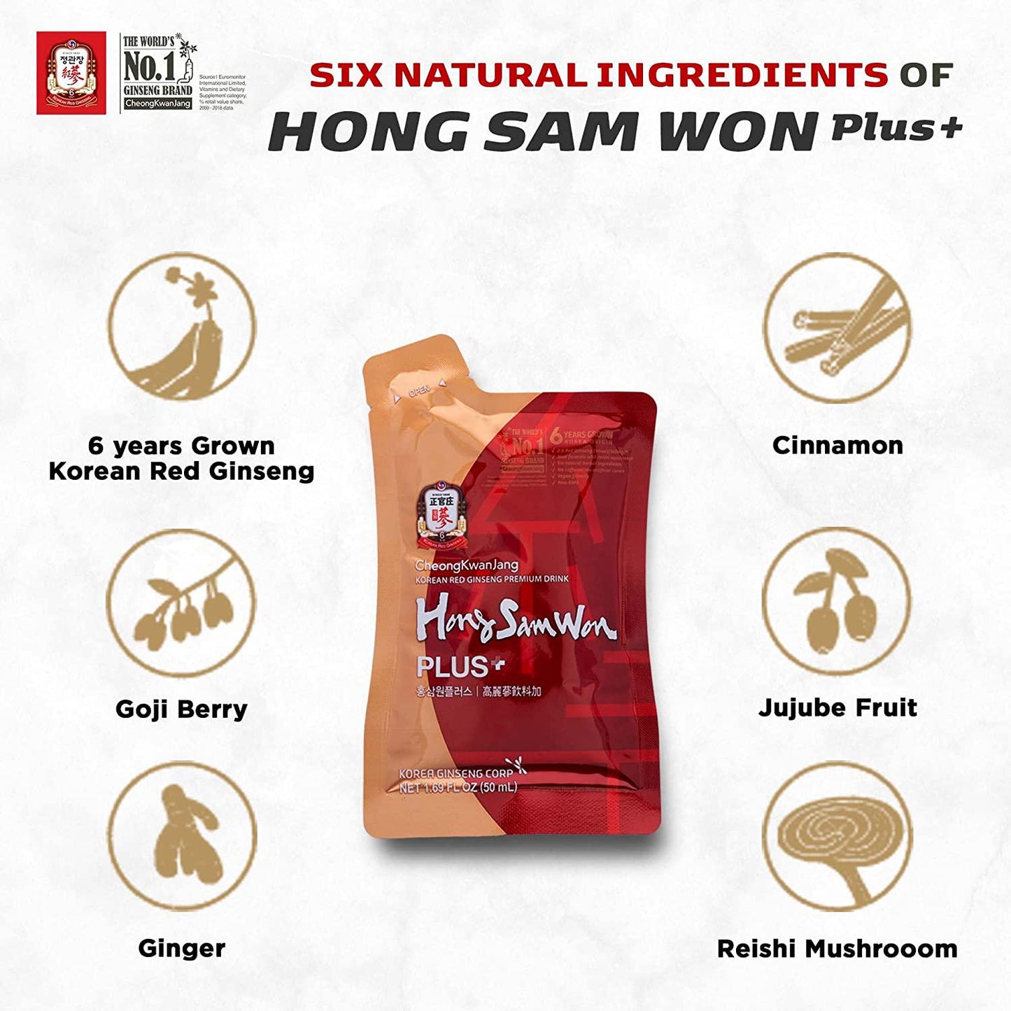 CheongKwanJang [Hong Sam Won Plus - Korean Ginseng Drink] Korean Red Panax Ginseng Extract Drink - Increase Productivity, Improve Blood Circulation and Brain Function - 30 Pouches