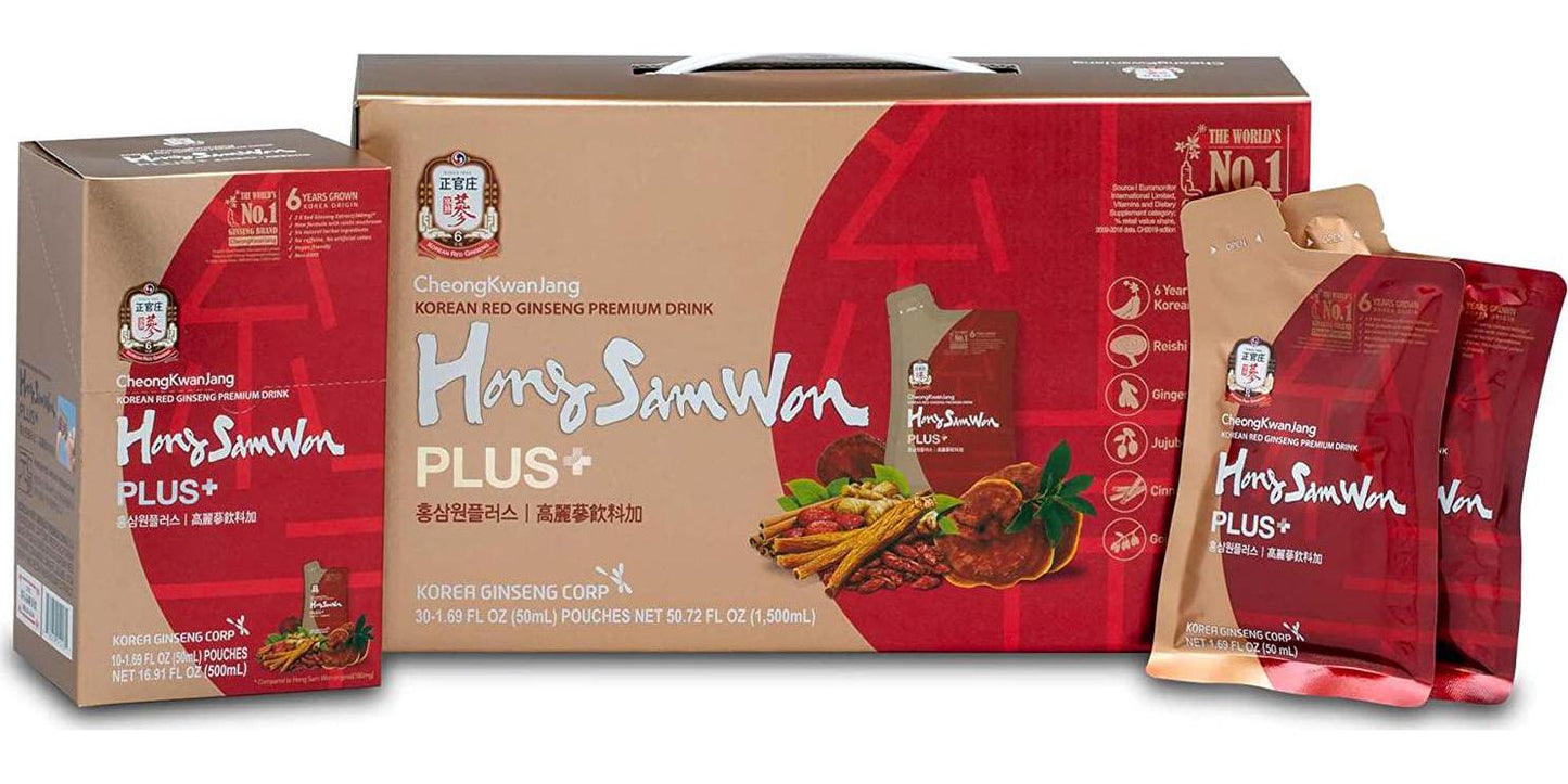 CheongKwanJang [Hong Sam Won Plus - Korean Ginseng Drink] Korean Red Panax Ginseng Extract Drink - Increase Productivity, Improve Blood Circulation and Brain Function - 30 Pouches