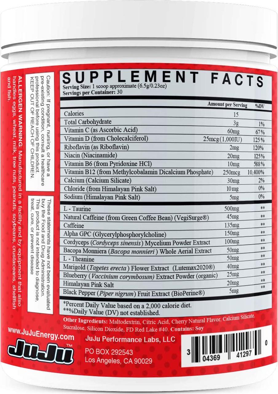 Cherry Bomb Tub - Juju Professional Grade Gaming Energy Drink Mix  -  Healthy Supplement Increases Focus, Energy, Reaction time, Eye Health. Natural Caffeine, nootropics, Vitamins. Sugar-Free, Keto.