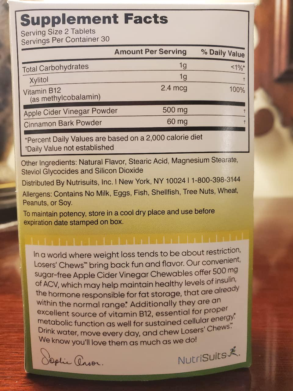 Chewable Apple Cider Vinegar by Losers' Chews with B12 for Goal Weight Management + Energy Support + Sugar-Free ACV Tablets | 30-Day Supply (60 Chewables)