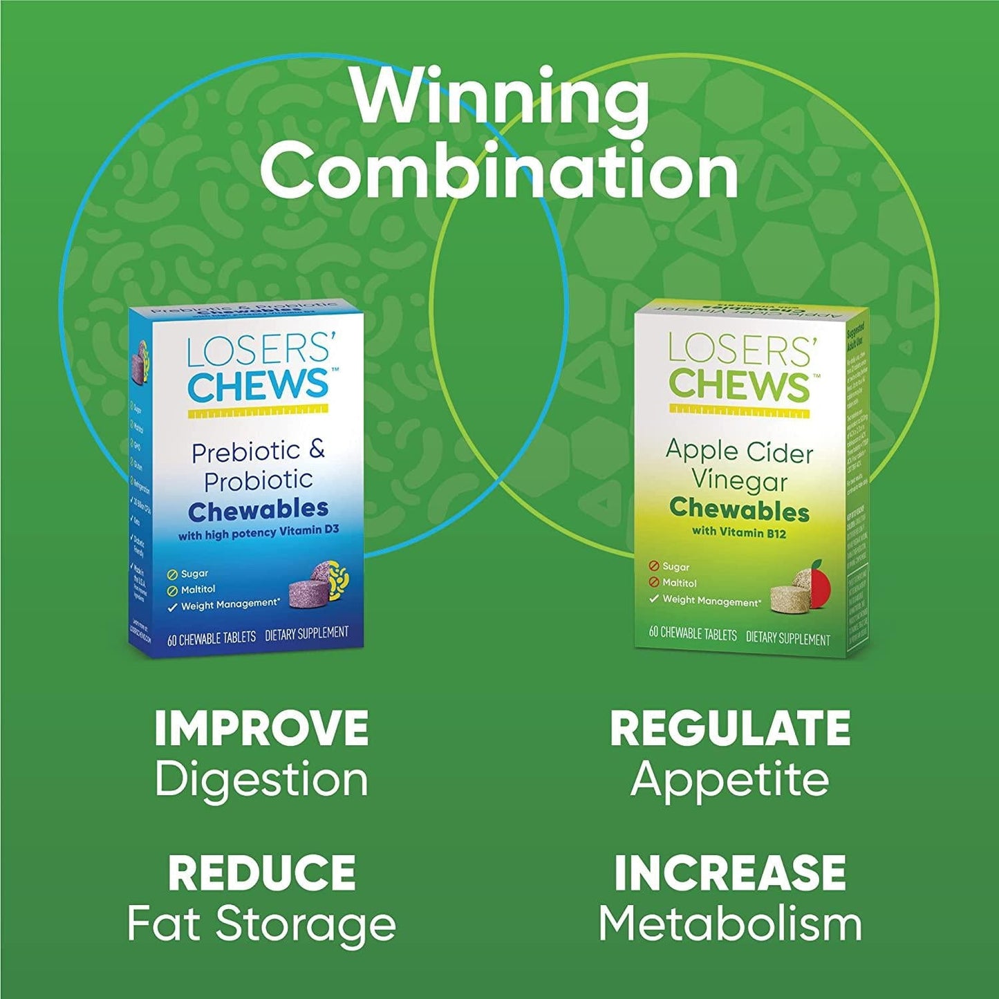 Chewable Apple Cider Vinegar by Losers' Chews with B12 for Goal Weight Management + Energy Support + Sugar-Free ACV Tablets | 30-Day Supply (60 Chewables)