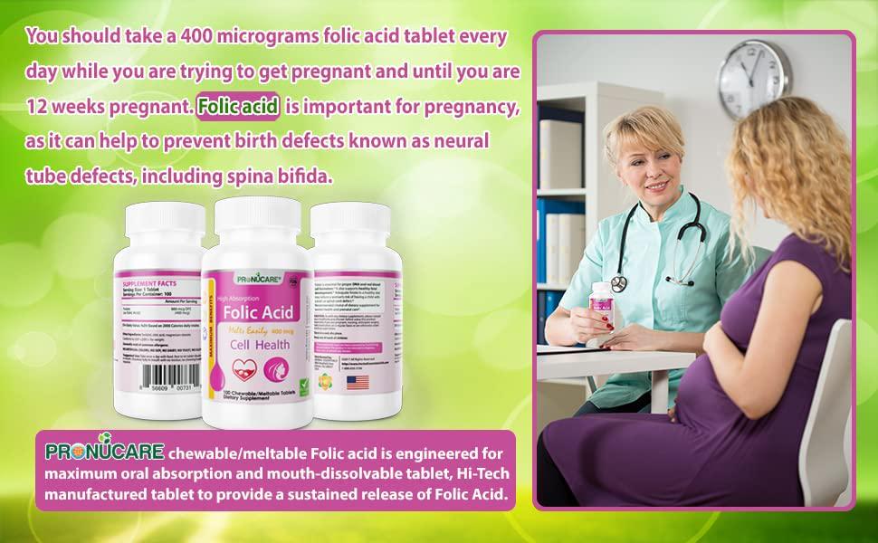 Chewable/Meltable Nice Taste Folic Acid 400 mcg PRONUCARE Folic Acid Dietary Supplement for Woman's Health and prenatal Care Taste Good 100 Tablets