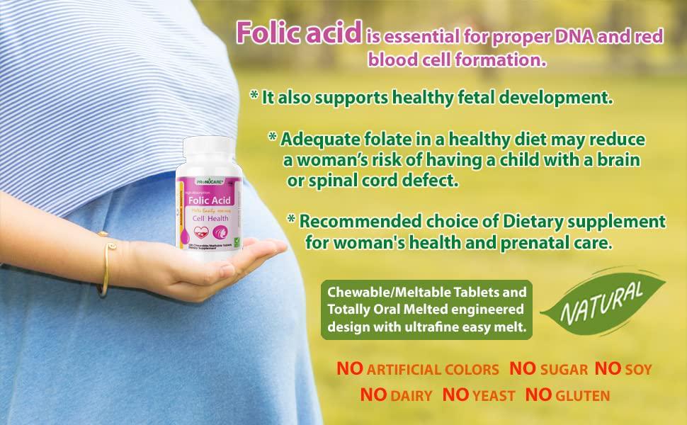 Chewable/Meltable Nice Taste Folic Acid 400 mcg PRONUCARE Folic Acid Dietary Supplement for Woman's Health and prenatal Care Taste Good 100 Tablets