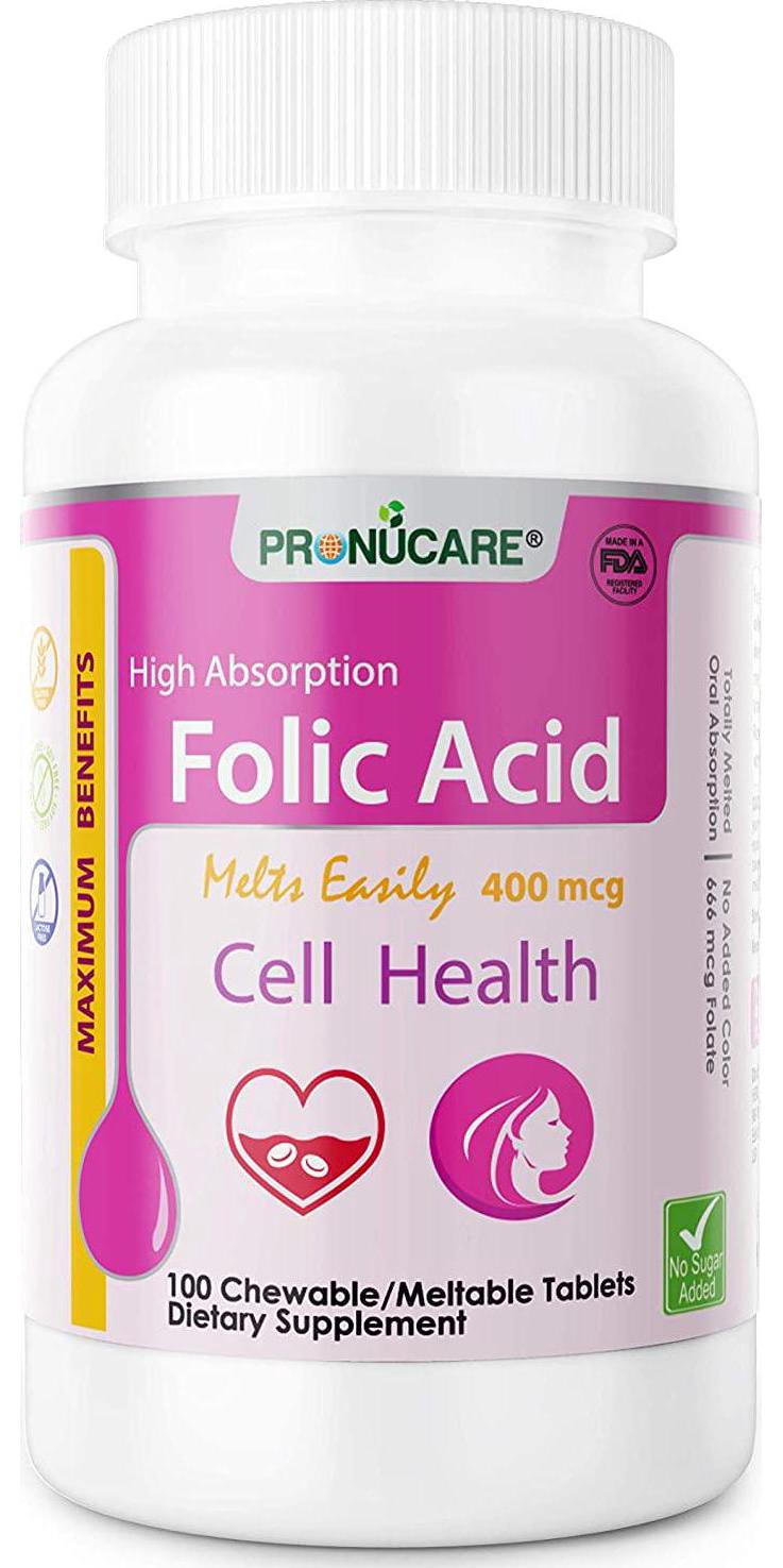 Chewable/Meltable Nice Taste Folic Acid 400 mcg PRONUCARE Folic Acid Dietary Supplement for Woman's Health and prenatal Care Taste Good 100 Tablets