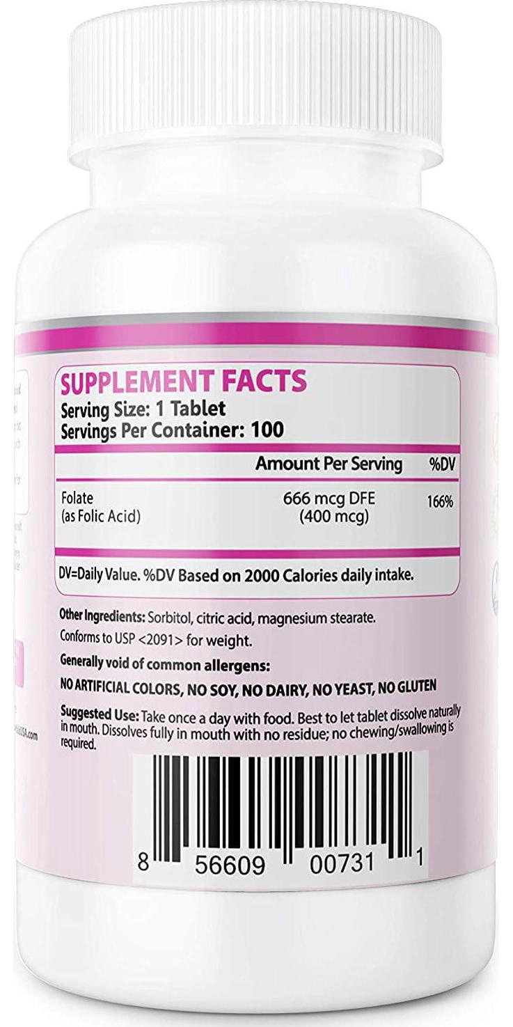 Chewable/Meltable Nice Taste Folic Acid 400 mcg PRONUCARE Folic Acid Dietary Supplement for Woman's Health and prenatal Care Taste Good 100 Tablets