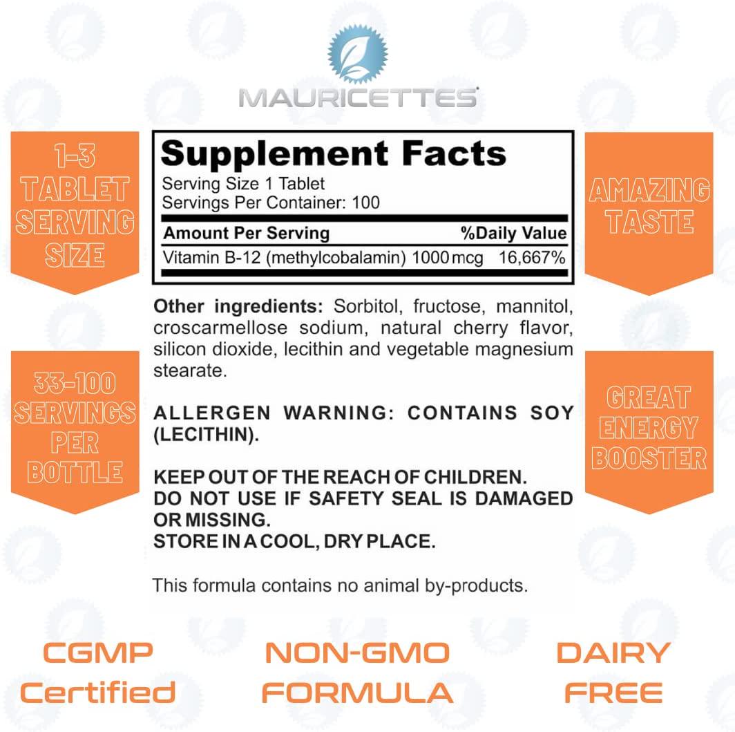 Chewable Vitamin B12 Methylcobalamin 1000 mcg Supplement - 100 Cherry Sublingual Methyl B 12 Tablets for a Natural Energy and Metabolism Boost
