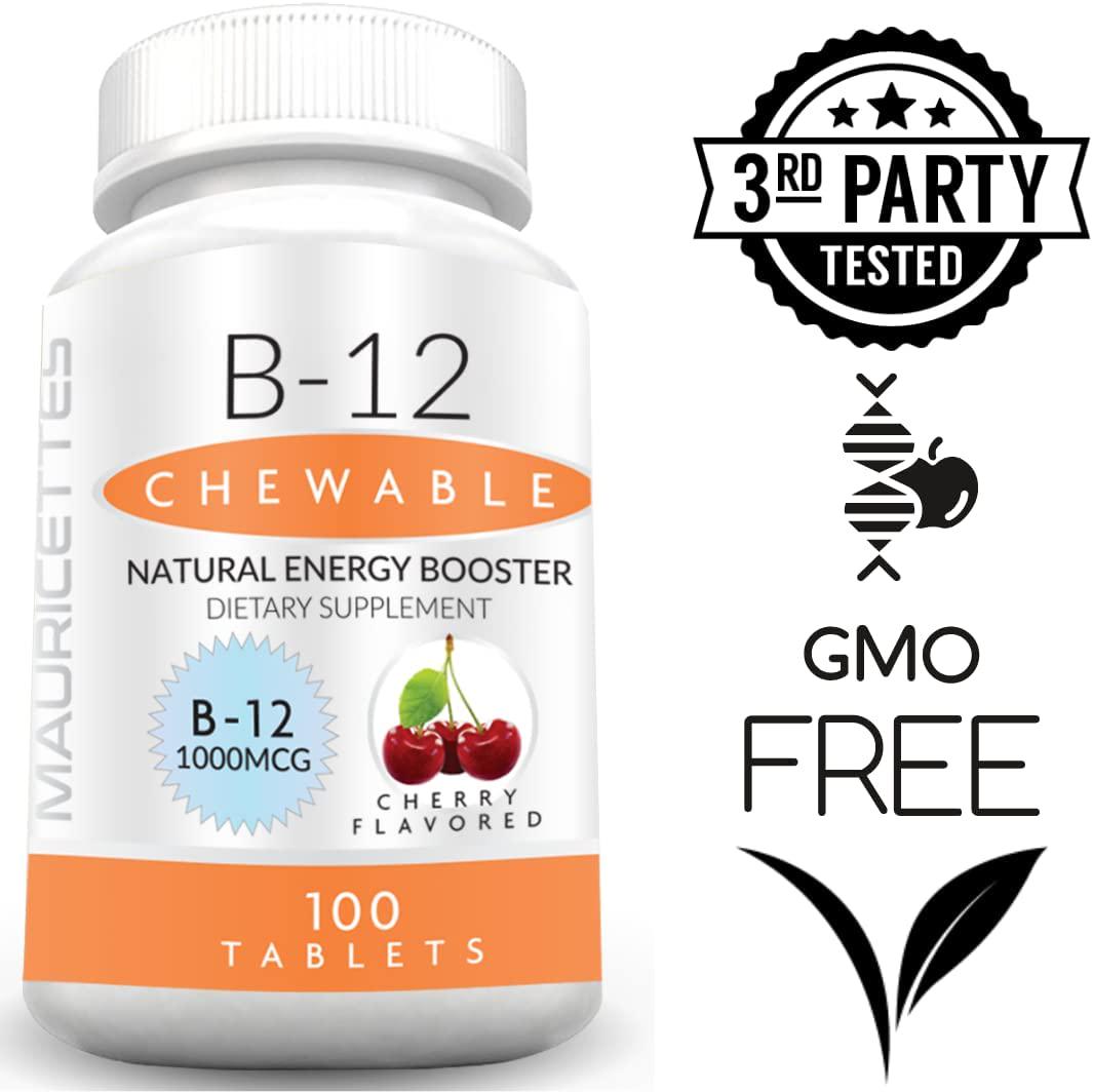 Chewable Vitamin B12 Methylcobalamin 1000 mcg Supplement - 100 Cherry Sublingual Methyl B 12 Tablets for a Natural Energy and Metabolism Boost