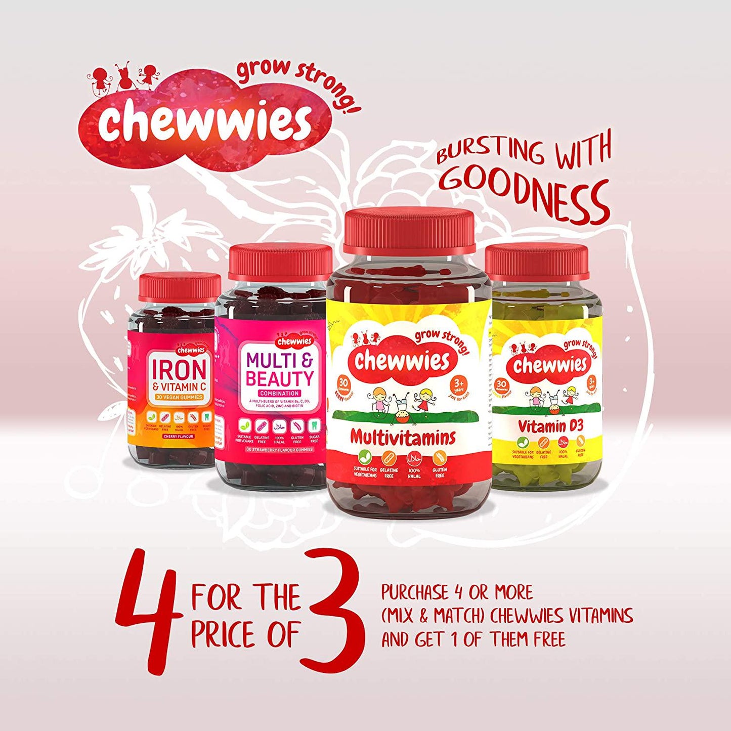 Chewwies Vitamin D - Chewable D3 Vegan Gummies- Gelatin Free, Sugar Free, Halal and Gluten Free, Non-GMO - for Adults and Children to Support Healthy Growth and Development (30 Day Supply)
