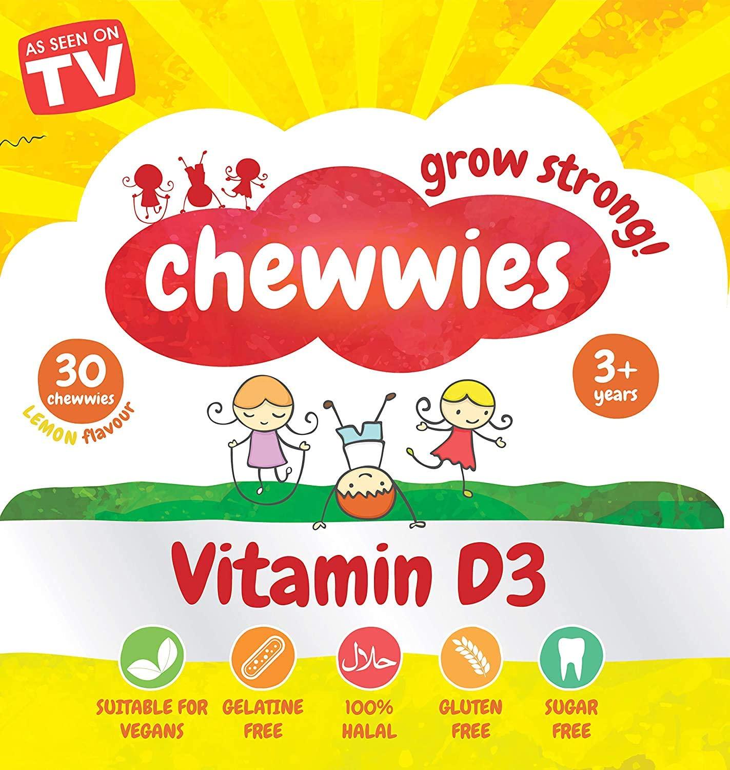 Chewwies Vitamin D - Chewable D3 Vegan Gummies- Gelatin Free, Sugar Free, Halal and Gluten Free, Non-GMO - for Adults and Children to Support Healthy Growth and Development (30 Day Supply)