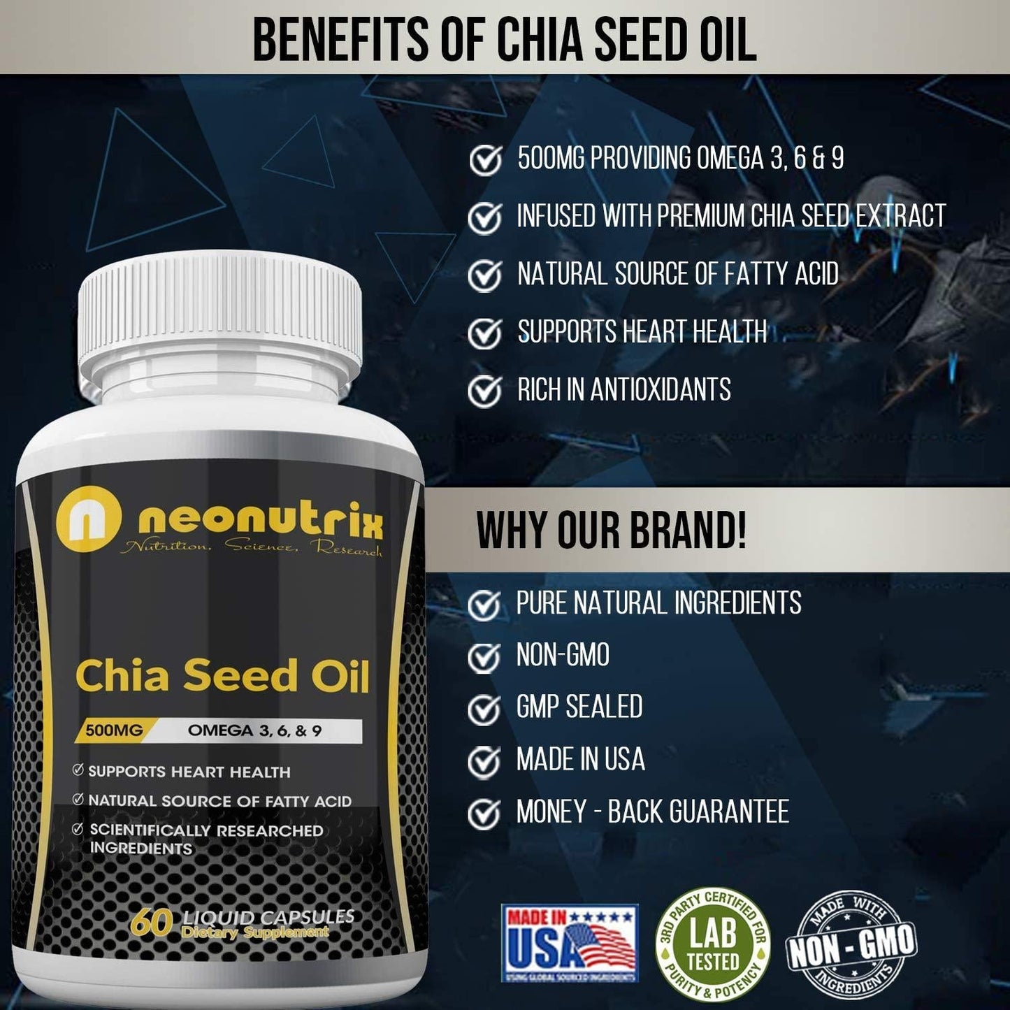 Chia Seed Oil Capsules Providing Omega 3, 6, 9 and Fatty Acids Supports Immune and Hair Health - Natural Chia Seeds for Men and Women- 60 Liquid Capsules 500mg per Serving by Neonutrix