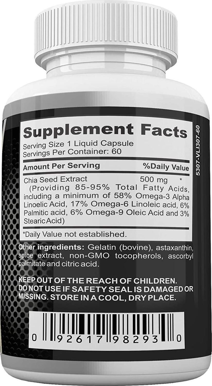 Chia Seed Oil Capsules Providing Omega 3, 6, 9 and Fatty Acids Supports Immune and Hair Health - Natural Chia Seeds for Men and Women- 60 Liquid Capsules 500mg per Serving by Neonutrix