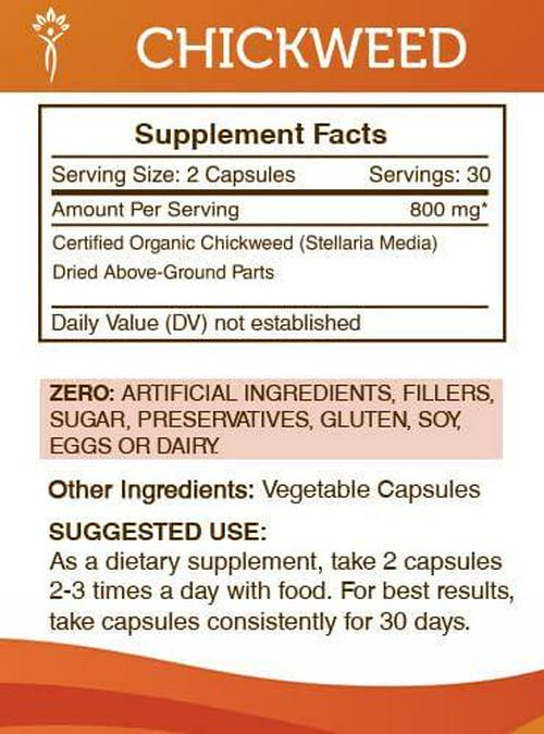 Chickweed 60 Capsules, 800 mg, Organic Chickweed (Stellaria Media) Dried Herb (60 Capsules)