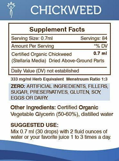 Chickweed Tincture Alcohol-Free Liquid Extract, Organic Chickweed (Stellaria Media) Dried Above-Ground Parts (2 FL OZ)