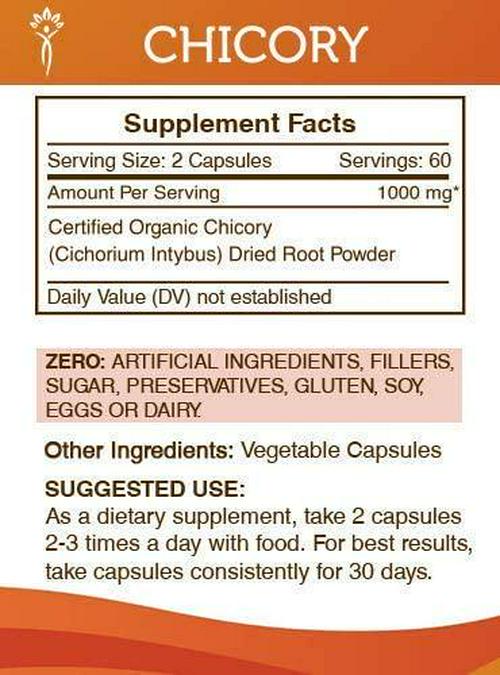 Chicory 120 Capsules, 500 mg, Organic Chicory (Cichorium Intybus) Dried Root (120 Capsules)