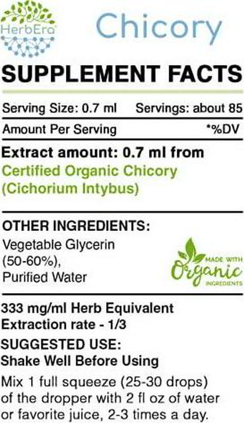 Chicory B60 Alcohol-Free Herbal Extract Tincture, Super-Concentrated Organic Chicory (Cichorium Intybus) Dried Root Powder (2 fl oz)