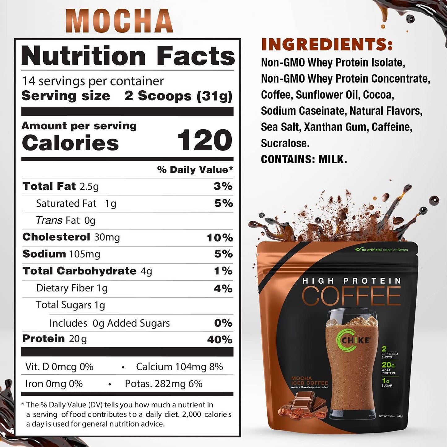 Chike Mocha High Protein Iced Coffee , 20 G Protein, 2 Shots Espresso, 1 G Sugar, Keto Friendly and Gluten Free, 14 Servings (15.3 Ounce)