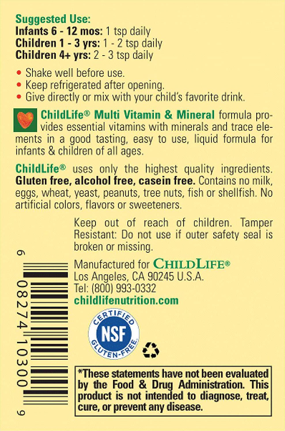 ChildLife Essentials Multi Vitamin and Mineral for Infants, Babys, Kids, Toddlers, Children, and Teens Natural Orange Mango - Nutrition for Kids - Great Taste - 8 fl oz (Pack of 4)