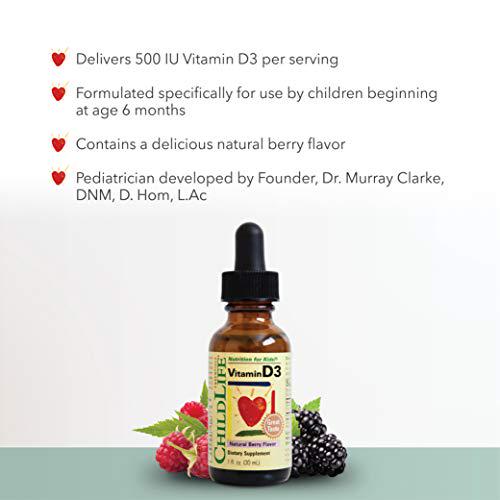 ChildLife Essentials Organic Vitamin D3 - Vitamin D Drops for Kids, Supports Immune, Respiratory, Heart, and Bone Health, All-Natural, Gluten-Free, Non-GMO - Natural Berry Flavor, 1 Fl Oz Bottle (Pack of 2)