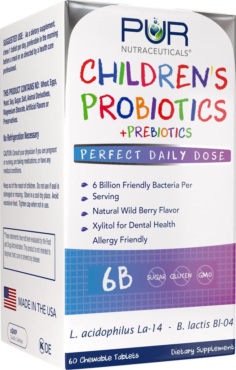 Children's Probiotics + Prebiotics * 6 Billion CFUs/Serving * 60 Chewable Tablets * 2 Month Supply * with Prebiotics Sunfiber and FOS for 10X More Effectiveness * 100% All Natural * Made in USA
