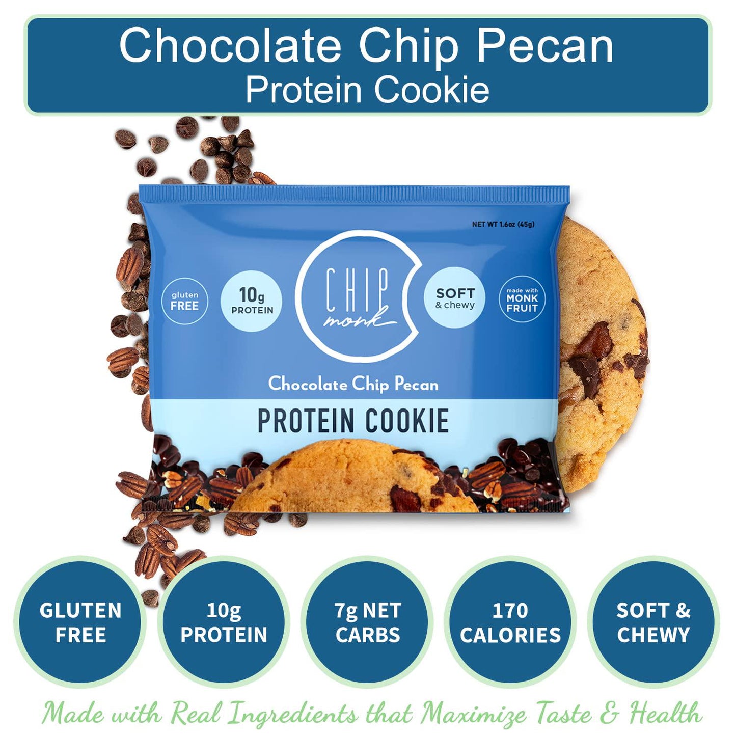 ChipMonk Baking, Chocolate Chip Pecan High Protein Cookies - Low Carb Diet Friendly Gym Snacks, Meal Replacement Cookie, Gluten-Free, Healthy Low Sugar Sweet Snack - Balanced Nutrition Baked Desserts