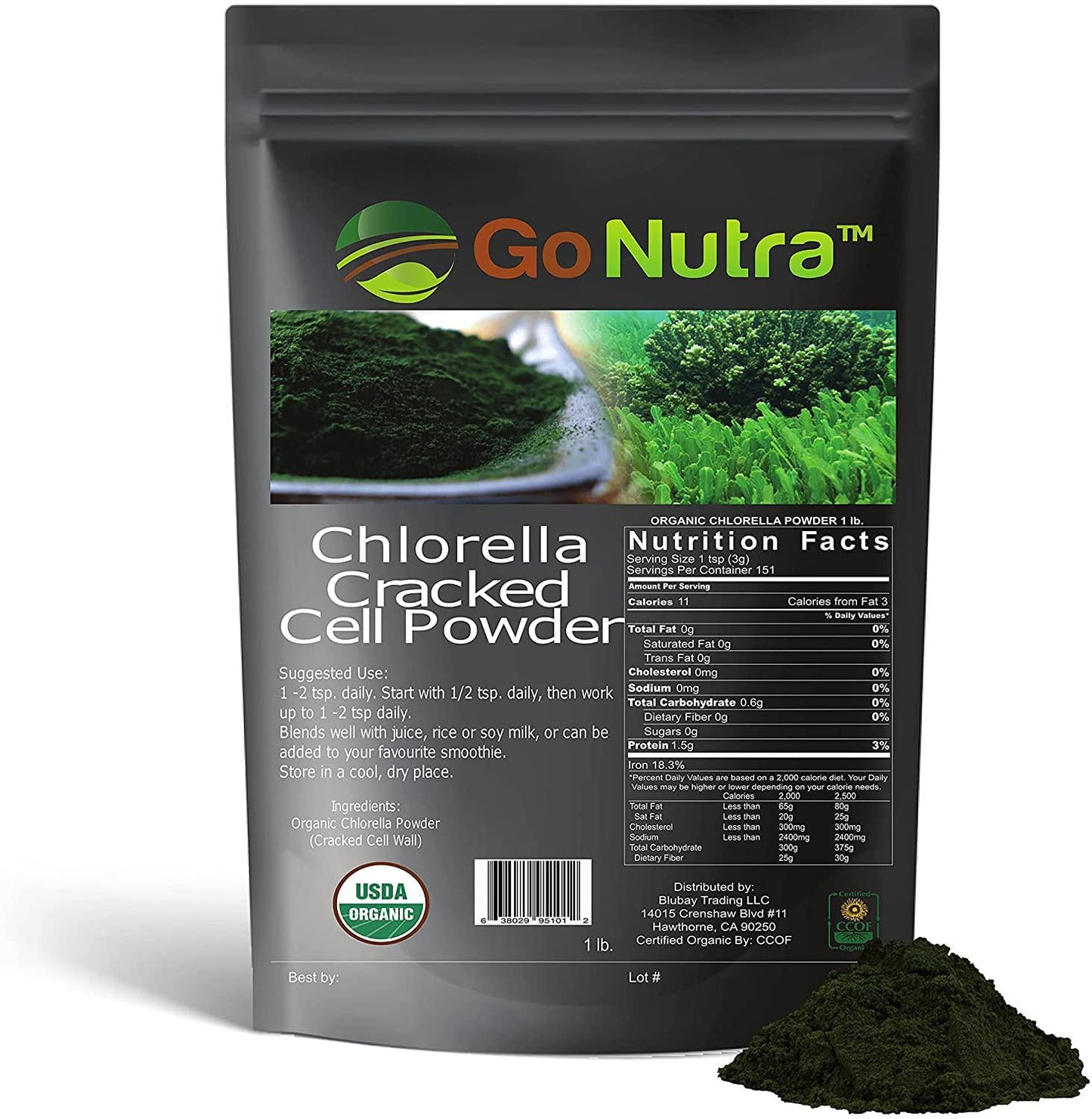 Chlorella Powder 1 lb Organic, raw, Non-GMO. 100% Pure Cracked Cell Wall Green Superfood High Protein Chlorophyll for Smoothie Vegan Supplement