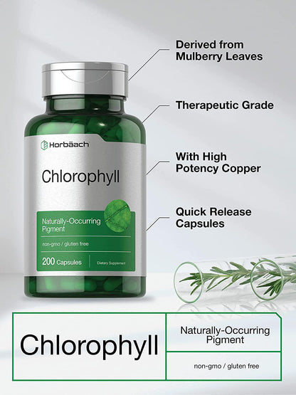 Chlorophyll Capsules | 200 Count | Non-GMO and Gluten Free Supplement | Naturally-Occurring Pigment | by Horbaach