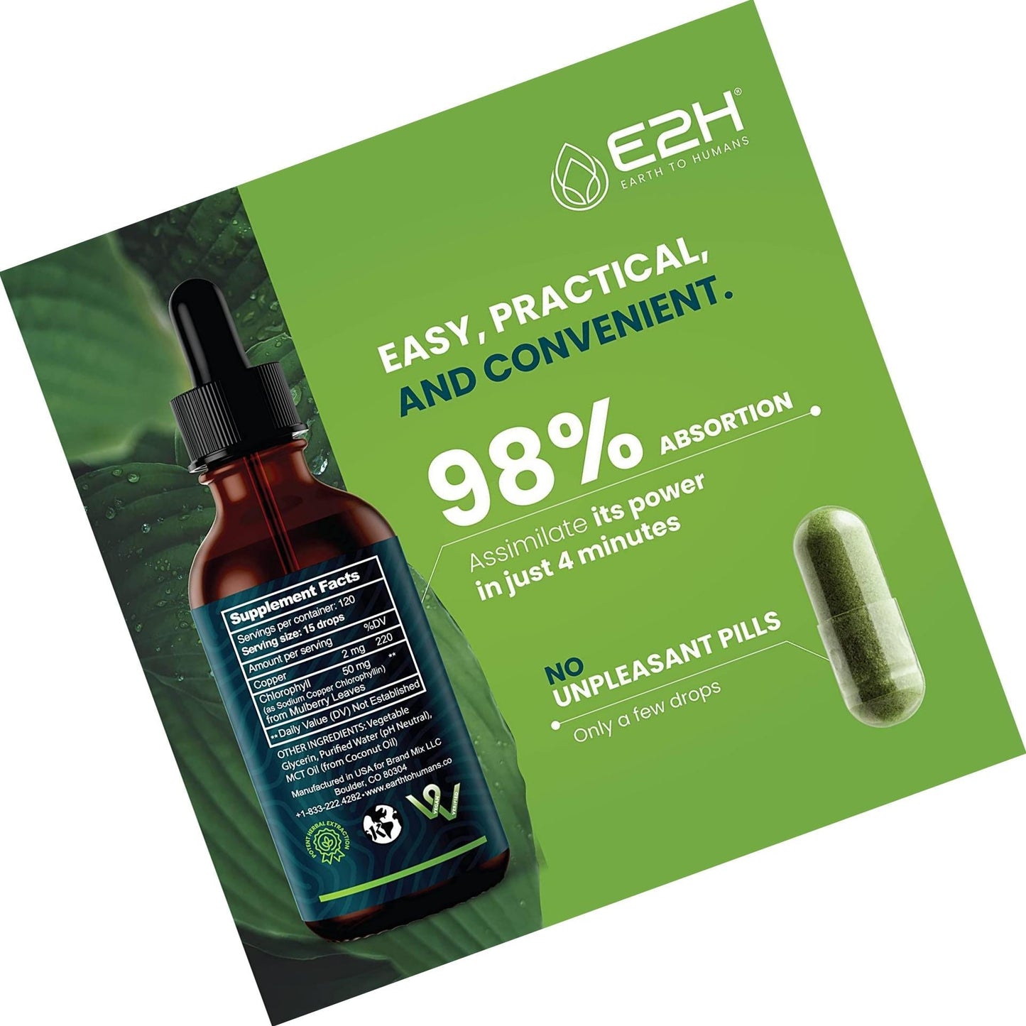 Chlorophyll Liquid Drops - 100% All-Natural Concentrate Energy Booster, Digestion and Immune System Supports, Internal Deodorant - Highly Absorbent Liquid Formula - 120 Servings