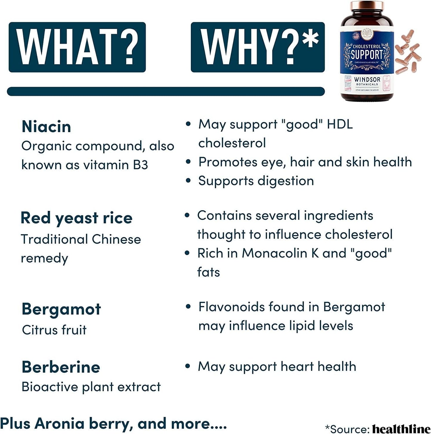 Cholesterol Lowering Heart Health Supplement - Encourages Lower Bad Cholesterol - Windsor Botanicals High-Potency Bergamot, Red Yeast Rice, Aronia Berry, Niacin, and Berberine - 90 Vegan Capsules