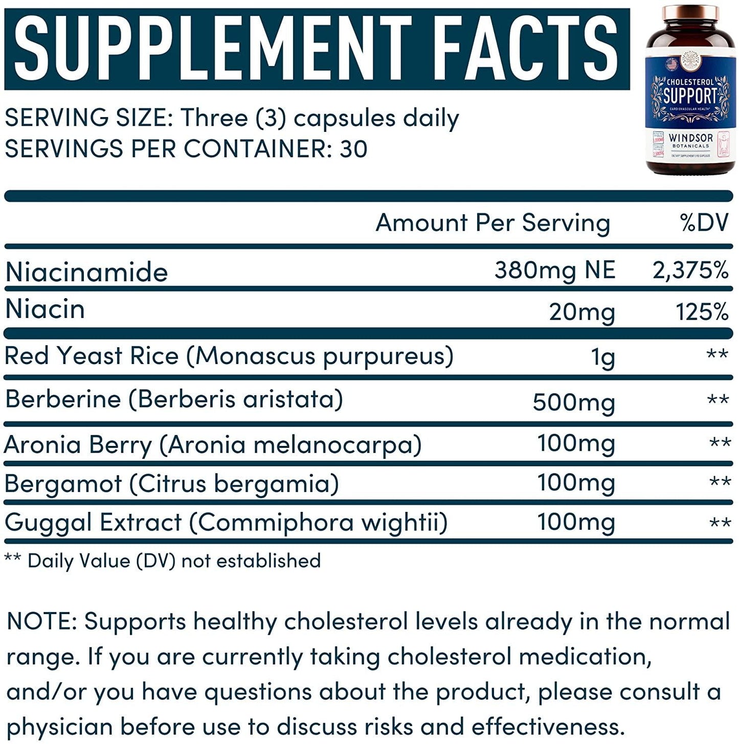 Cholesterol Lowering Heart Health Supplement - Encourages Lower Bad Cholesterol - Windsor Botanicals High-Potency Bergamot, Red Yeast Rice, Aronia Berry, Niacin, and Berberine - 90 Vegan Capsules