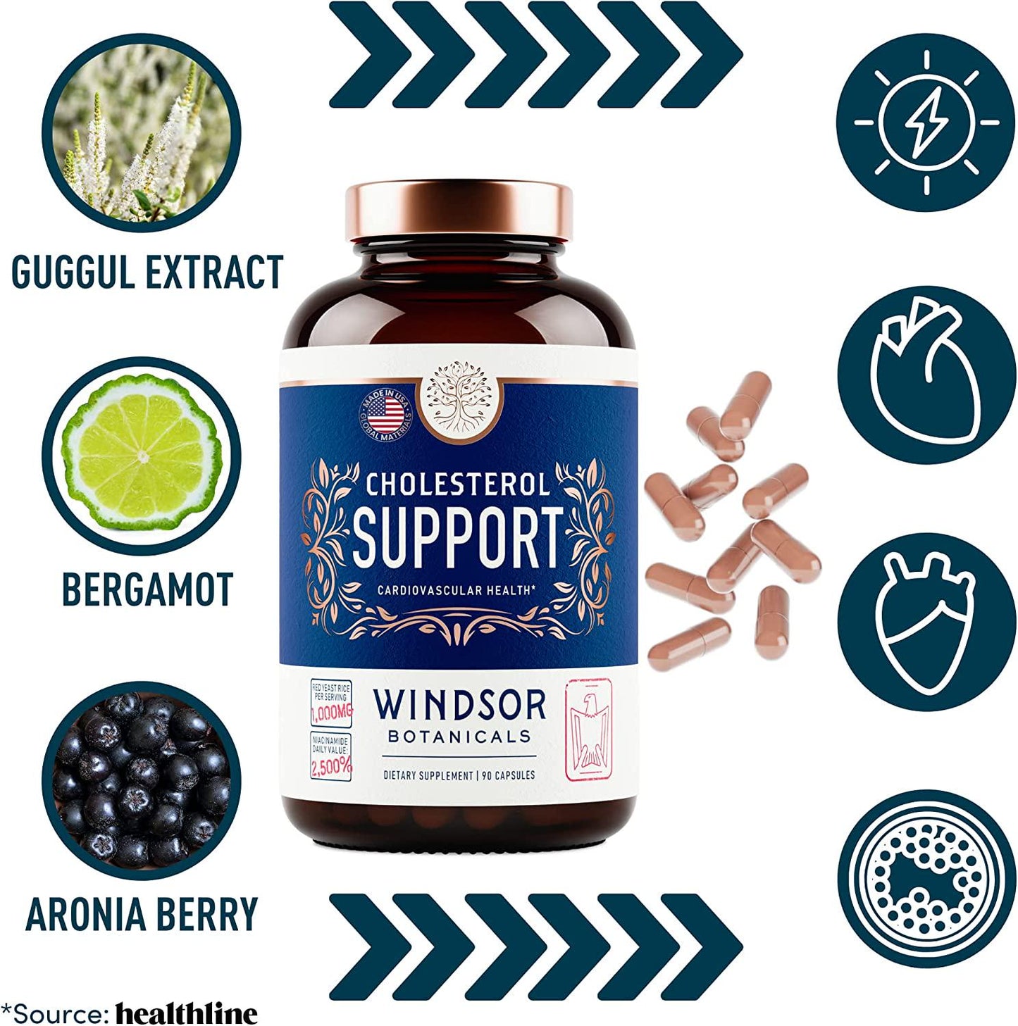Cholesterol Lowering Heart Health Supplement - Encourages Lower Bad Cholesterol - Windsor Botanicals High-Potency Bergamot, Red Yeast Rice, Aronia Berry, Niacin, and Berberine - 90 Vegan Capsules