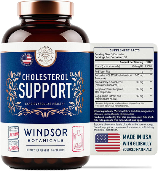 Cholesterol Lowering Heart Health Supplement - Encourages Lower Bad Cholesterol - Windsor Botanicals High-Potency Bergamot, Red Yeast Rice, Aronia Berry, Niacin, and Berberine - 90 Vegan Capsules