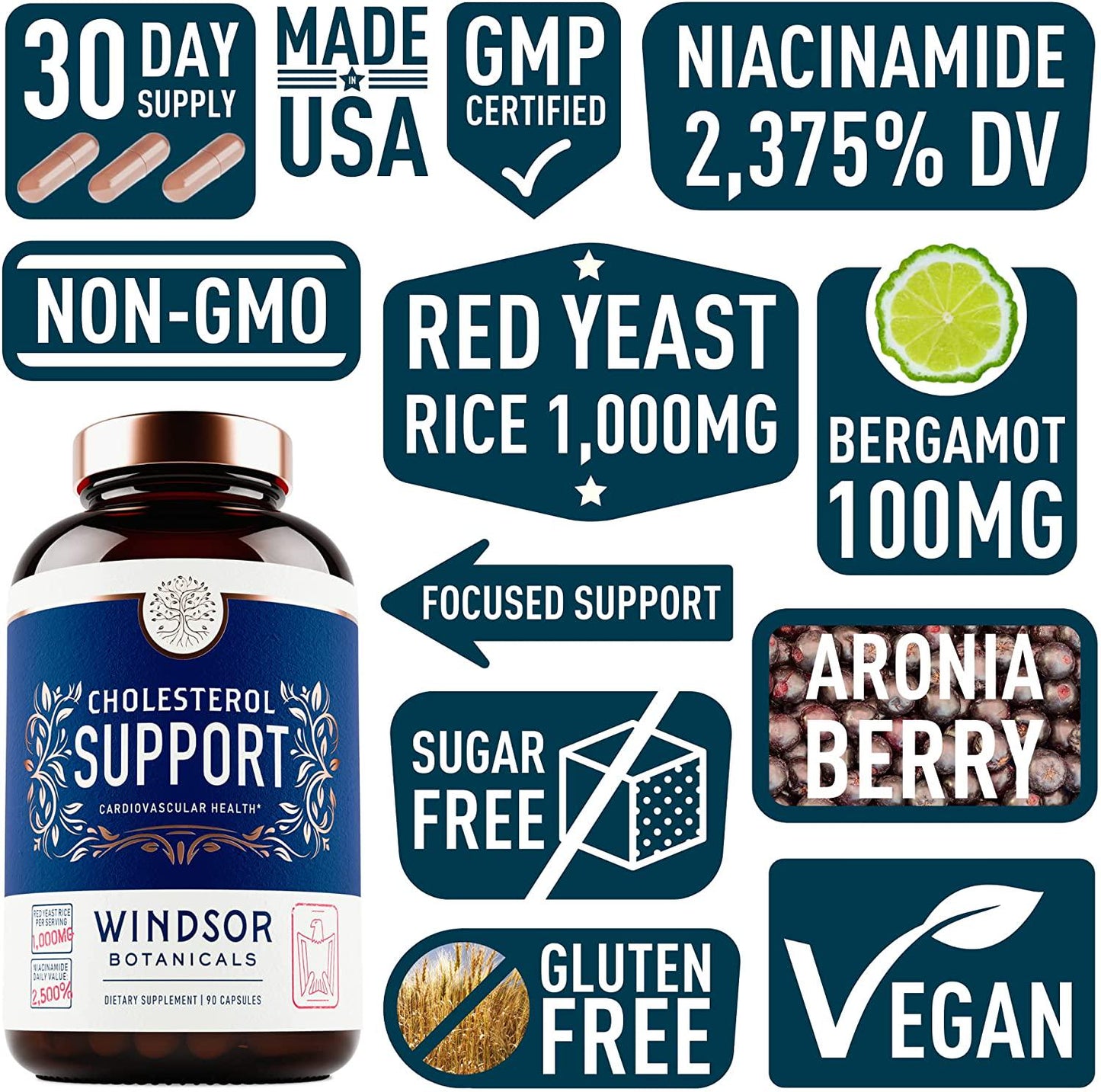 Cholesterol Lowering Heart Health Supplement - Encourages Lower Bad Cholesterol - Windsor Botanicals High-Potency Bergamot, Red Yeast Rice, Aronia Berry, Niacin, and Berberine - 90 Vegan Capsules