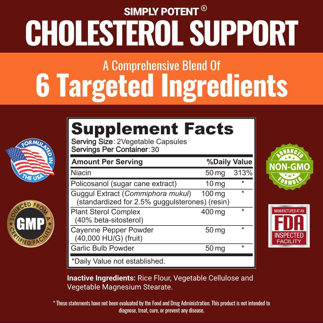 Cholesterol Support Supplement for Heart Health with Niacin and Garlic Powder, Helps Lower High Cholesterol Bad LDL and Triglyceride Naturally, High Cholesterol Reducing Supplement, 60 Capsules